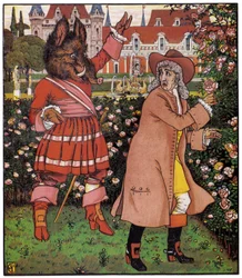 Kauniin isä poimii ruusuja juurikkaan puutarhassa. Walter Cranen (1845-1915) kuvitus teoksessa "Kaunotar ja Bete", Englanti.