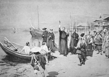 Pyhän Francis Xavierin maihinnousu Kagoshimassa (litho)