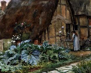 Mökin luona. Keskustelu navetan ikkunan ääressä. Maalaus Well Walter Langley (1852-1922 brittiläinen) Yksityiskokoelma.