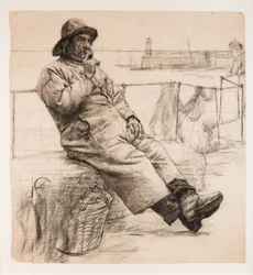 Piippua polttava kalastaja (hiili paperille)