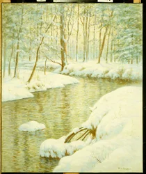 Winter Stream, Sunset Glow (öljy kankaalle)