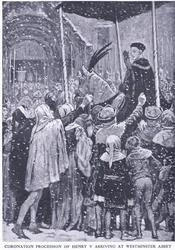Henrik V:n kruunajaiskulkue saapuu Westminster Abbeyyn vuonna 1413, teoksesta Cassell