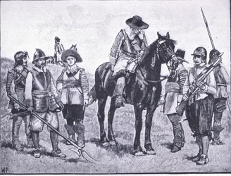 Cromwellian sotilaiden tyypit, kuvitus teoksesta The History of the British People, julkaisija Waverley, n. 1940 (litho)