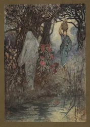 Levy 18: "Brahmanin vaimolla oli tilaisuus mennä panssarivaunuun, ja kun hän meni, sankchinni harjasi häntä", Folk-Tales of Bengal... 32 Warwick Goblen värillistä kuvitusta. (De luxe -versio.)