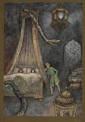Levy 3: "Hän ryntäsi ulos piilopaikastaan ja tappoi käärmeen", julkaisusta Folk-Tales of Bengal... 32 Warwick Goblen värillistä kuvitusta. (Edition de luxe)