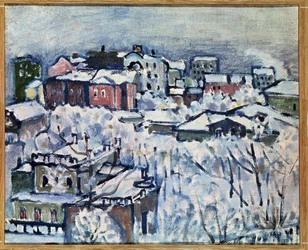 Talvipäivä. Smolensky Boulevard (Moskova). (Talvipäivä. Smolenski-bulevardi). Kaupunkimaisema, lumen peitossa. Wassily Kandinskyn maalaus (tai Wassily Kandinski tai Kandinskij
