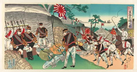 Japanilaiset joukot vangitsevat pakenevan vihollisen jättämät aseet Shingun haisô gunki bundori no zu (otsikko esineessä)