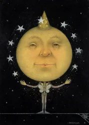Juggling Full Moon (lyijykynä ja väriliitu paperille) (pari 150067)