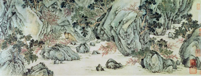 Matka "kuolemattomien maahan" yksityiskohta teoksesta "Persikkakukkakevät" Wang Wein runosta "Tao Yuan Bi Jing"