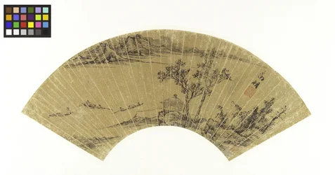 Maisema, jossa järvi ja kolme venettä, 1500-luku (tussi kultaiselle paperille kartongille kiinnitettynä).