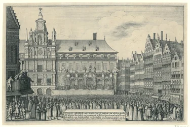 Munsterin rauhan julistus Antwerpenissä, 1648 Eygentlycke Pictorial Den Peysin julkaisutapa syne Mayesteyt den Coninck van Spagnienin ja Heeren States Generael van de Vereenich[de] Nederlandenin välillä lordlycissä
