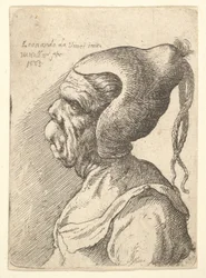 Epämuodostun naisen rintakuva kartiomainen hattu ja kaksi roikkuvaa palmikkoa profiilissa vasemmalla, 1665.