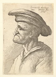 Rinnankuva iäkkäästä miehestä, jonka nenä osuu alahuultaan ja jolla on leveä litteä lippalakki profiilissa t..., 1665.