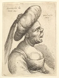 Naisen rintakuva, jolla on suu auki ja ylös käännetty nenä, yllään suuri litteä turbaani ja hyytymä..., 1665.