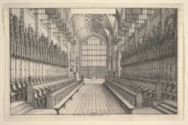 Kuoro ja kojut St Georges Chapelissa, Windsorissa, 1660.
