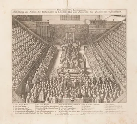Kuvaus Lontoon parlamentin istunnosta Earl of Staffordin tuomiosta, noin 1642.