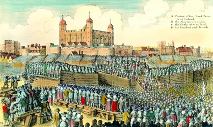 Ensimmäinen Englannin vallankumous (1641-1649): englantilaisen poliitikon Thomas Wentworth de Straffordin (1593-1641) teloitus 12.5.1641 Tower Hillissä Lontoossa. Kaiverrus Wenceslaus Hollarin (1607-1677) 1600-luvun yksityinen kokoelma