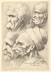 Neljä groteskipäätä profiilissa vasemmalla, 1625-77.