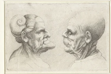 Epämuodostuneet päät kaljuun miehen ja naisen sarvet päässä Varie figurae et probae (sarjan nimi) Karikatyyrit, päät ja epämuodostumat Leonardo da Vincin jälkeen (sarjan nimi)