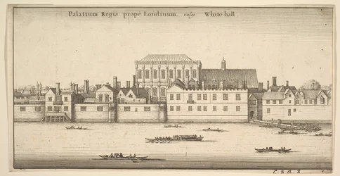 Kuninkaan palatsi lähellä Lontoota, joka tunnetaan yleisesti nimellä White-hall Royal Palace of Whitehall, Lontoo, noin. 1647