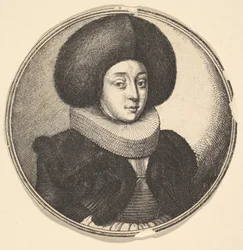 Nainen, jolla on suuri pyöreä turkishattu ja pitsinen röyhelö, 1645.