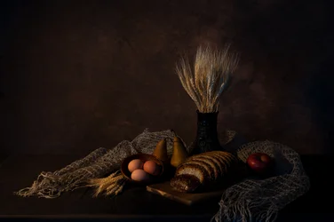 Maalaishenkinen sadonkorjuu-asetelma