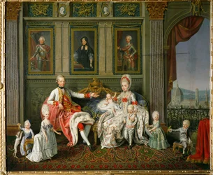 Piero Leopoldo, Toscanan suurherttua, myöhempi keisari Leopold II, hänen vaimonsa Maria Ludovica, Espanjan infanta, ja kuusi heidän 16 lapsestaan (maalaus kankaalle).