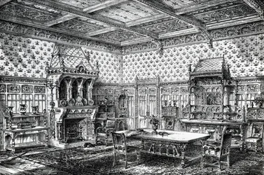 Suunnittelu goottilaiseen ruokasaliin, julkaistu The House-Furnisher & Decoratorissa, 1. syyskuuta 1872