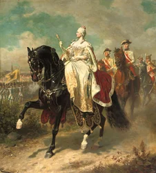 Keisarinna Maria Theresia ratsain tarkastamassa Itävallan joukkoja, 1884