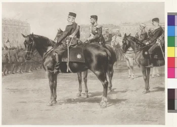 Keisari Franz Joseph I ja tsaari Nikolaus II paraatissa Champ-de-Marsilla Pietarissa.