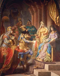 Gudrun suostuu menemään naimisiin Attilan, Hunien kuninkaan, Gudrun Sagasta, Ylähalli, n. 1883-84 (seinämaalaus)