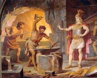 Sigurd menee kääpiö Mimeen luo, Sigurd Sagasta, Alahalli, n. 1882-83 (seinämaalaus)