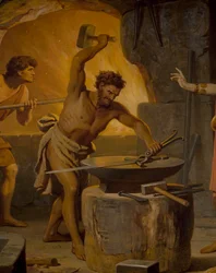 Sigurd menee kääpiö Mimeen luo, Sigurd Sagasta, Alahalli, n. 1882-83 (seinämaalaus)