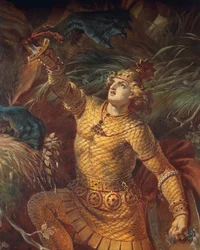 Sigurd surmaa Fafnir-lohikäärmeen Gram-miekalla, yksityiskohta Sigurdin saagasta, alasali, n. 1882-83