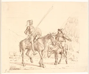 Sancho aasilla selittää jotain Don Quijotelle