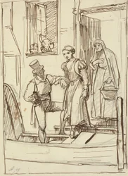 Mies auttaa nuoren tytön ja vanhan vaimon gondoliin