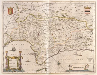 Andalusia ja Sevillan kaupunki, Gibraltarin salmi, Willem Blaeun "Theatrum Orbis Terrarum, sive Atlas Novus", Amsterdam.