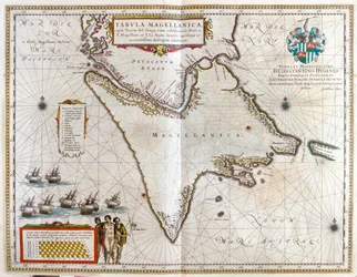 Argentiina, Chile, Magellaninsalmi, Fuegon maa, Willem Blaeun teoksessa "Theatrum Orbis Terrarum, sive Atlas Novus", Amsterdam.