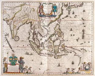 Aasia, joka ulottuu Intiasta Tiibetiin ja Japanista Uuteen Guineaan, Willem Blaeun julkaisussa "Theatrum Orbis Terrarum, sive Atlas Novus", Amsterdam.
