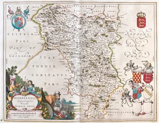 Darbieshire, teoksessa "Theatrum Orbis Terrarum, sive Atlas Novus", kirjoittanut Willem Blaeu, Amsterdam.