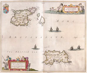 Garnsey - jersey-saaret, Willem Blaeun teoksessa "Theatrum Orbis Terrarum, sive Atlas Novus", Amsterdam.