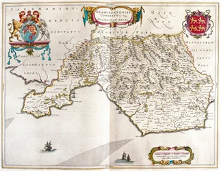 Glamorgan shire, teoksessa "Theatrum Orbis Terrarum, sive Atlas Novus", kirjoittanut Willem Blaeu, Amsterdam.