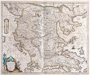 Kreikka, Makedonia, Albania, Willem Blaeun teoksessa "Theatrum Orbis Terrarum, sive Atlas Novus", Amsterdam.