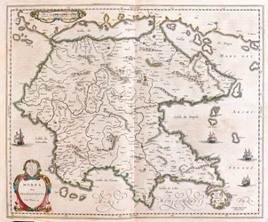 Kreikka, Peloponnesos, Willem Blaeun teoksessa "Theatrum Orbis Terrarum, sive Atlas Novus", Amsterdam.