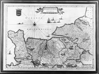 Normandian kartta Willem ja Joan Blaeun Theatrum Orbis Terrarum- tai Atlas Novus -kuvituksen jälkeen, Normandia Ducatus -levy