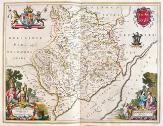 Monmouth shire (Englanti ja Wales), teoksessa "Theatrum Orbis Terrarum, sive Atlas Novus", kirjoittanut Willem Blaeu, Amsterdam.