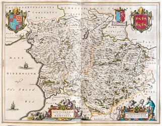 Montgomery ja merioneth, teoksessa "Theatrum Orbis Terrarum, sive Atlas Novus", Willem Blaeu, Amsterdam.