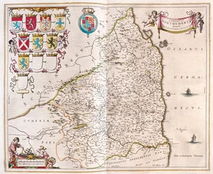 Northumberland, Willem Blaeun teoksessa "Theatrum Orbis Terrarum, sive Atlas Novus", Amsterdam.