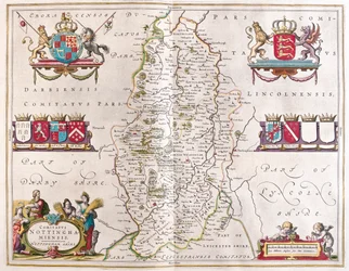 Nottingham shire, Willem Blaeun teoksessa "Theatrum Orbis Terrarum, sive Atlas Novus", Amsterdam.