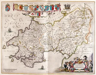 Pembrokrshire ja carmarthenshire, teoksessa "Theatrum Orbis Terrarum, sive Atlas Novus", Willem Blaeu, Amsterdam.